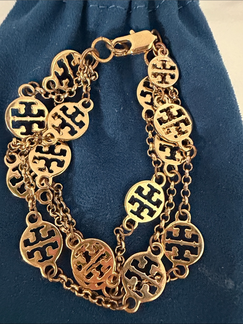 Tory Burch Yellow Gold Triple Strand Logo Medallion Chain Bracelet - Picture 2 of 4